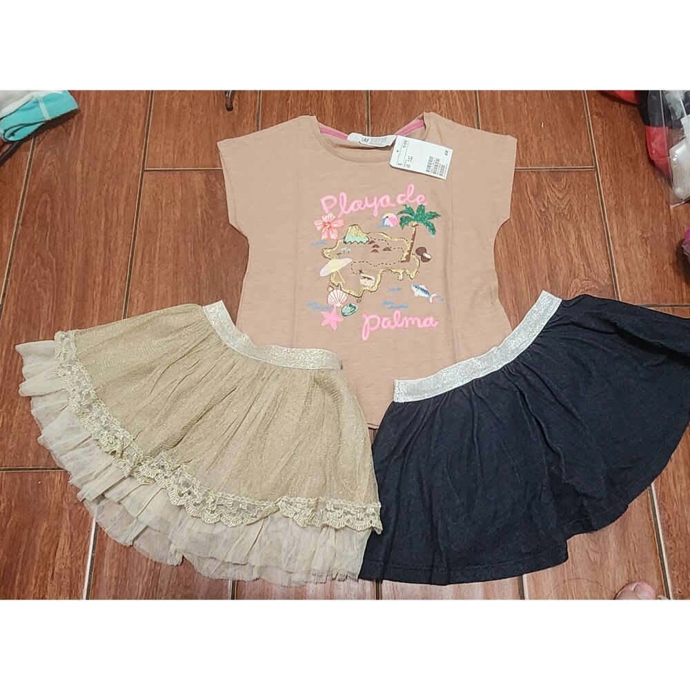 H&M NWT Shirt & used girl Skirt Lot 4-6 Tulle Sparkle Beach Graphic Top